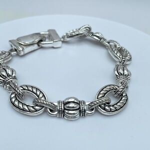Byzantine Inspired Silver-Tone Engraved Twisted Rope Oval Link Station Bracelet